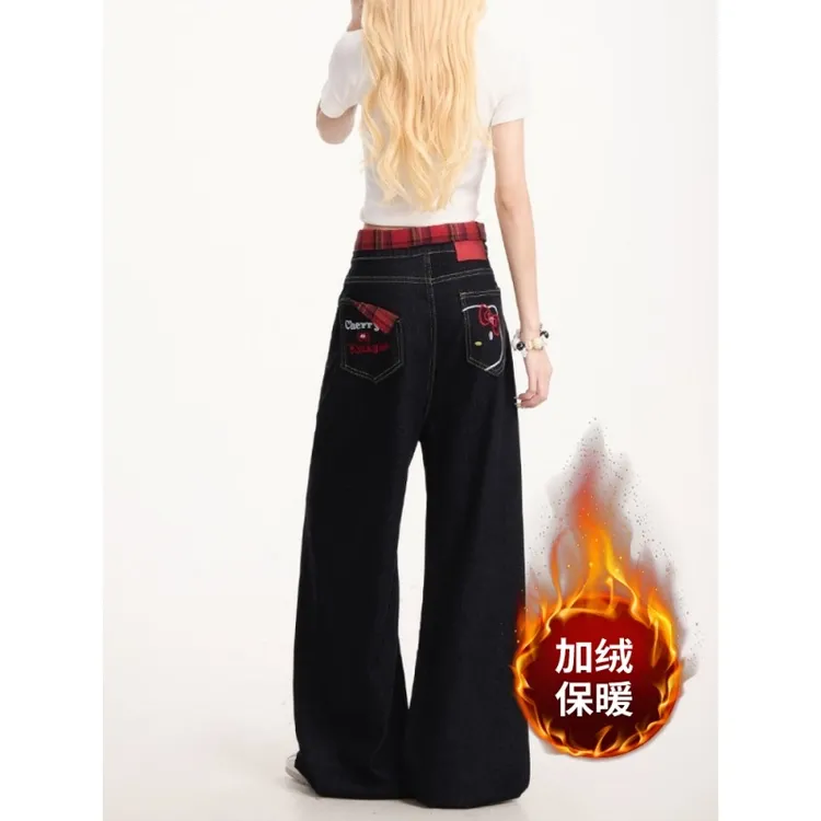 【加绒加厚】美式辣妹Kitty刺绣牛仔裤女冬季新款格纹翻边直筒长裤