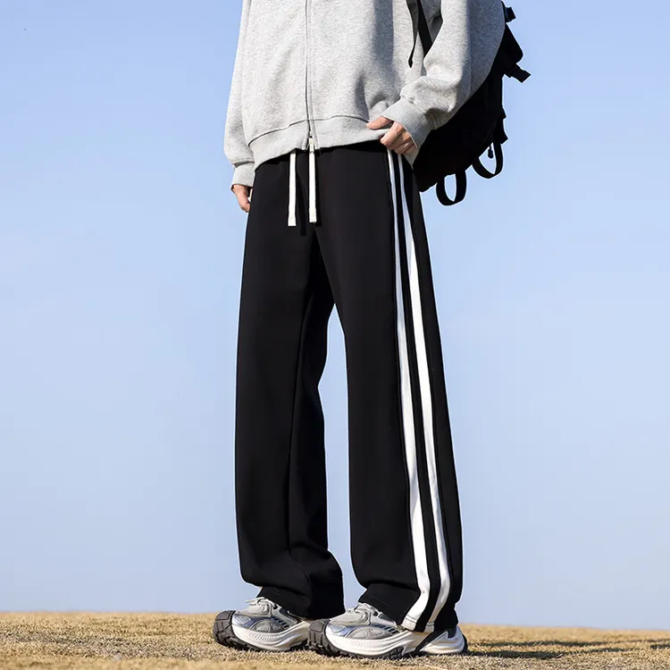 男款宽松加绒直筒卫裤三条杠撞色百搭休闲裤秋冬保暖奥利绒8281