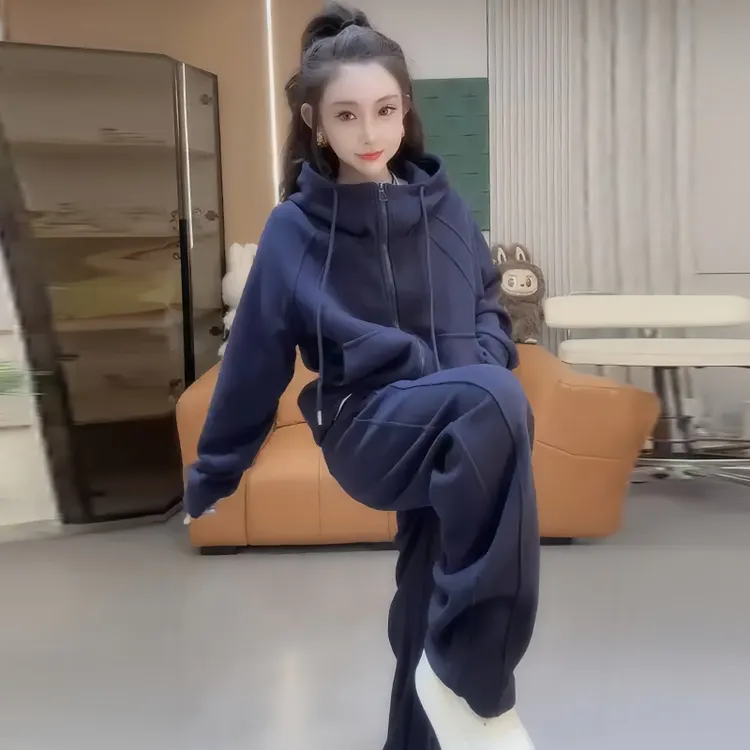 高含棉小个子休闲运动套装女2025年秋冬新款连帽卫衣阔腿裤两件套