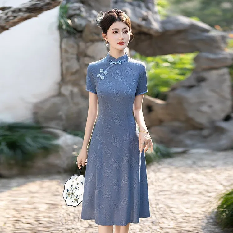 爆款2025夏季新品新中式国风小个子改良款气质蕾丝立领女士连衣裙