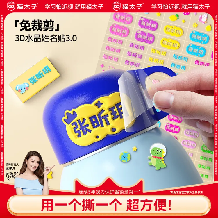 猫太子3D水晶姓名贴免剪裁炫彩镂空班级宝宝姓名贴可冲洗不掉色