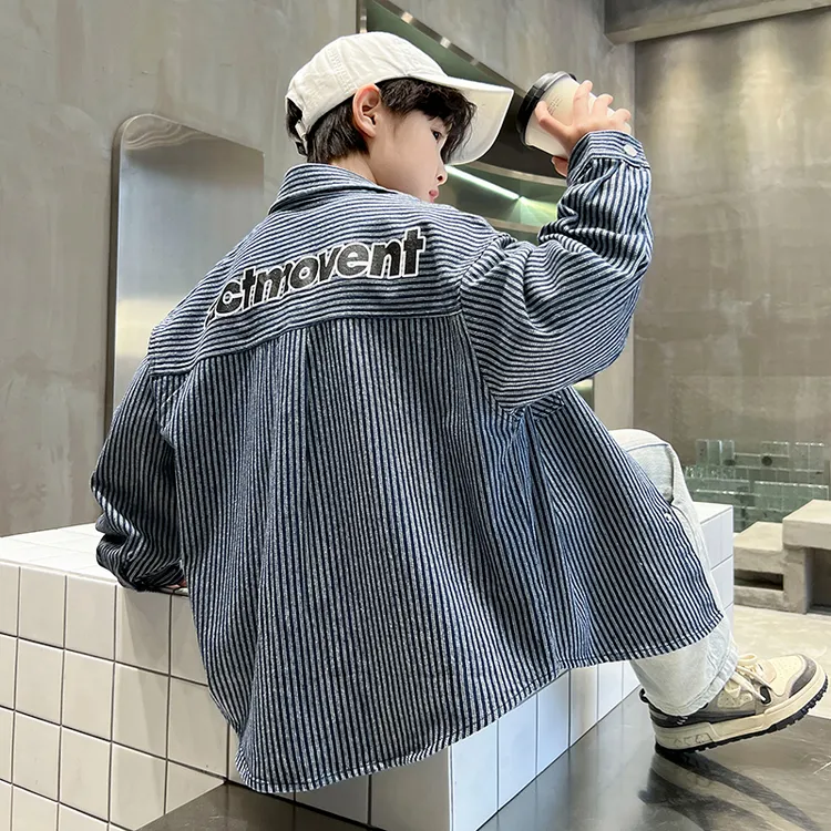 男童牛仔衬衫2025春秋新款儿童装简约条纹牛仔衬衫中大童帅气外套
