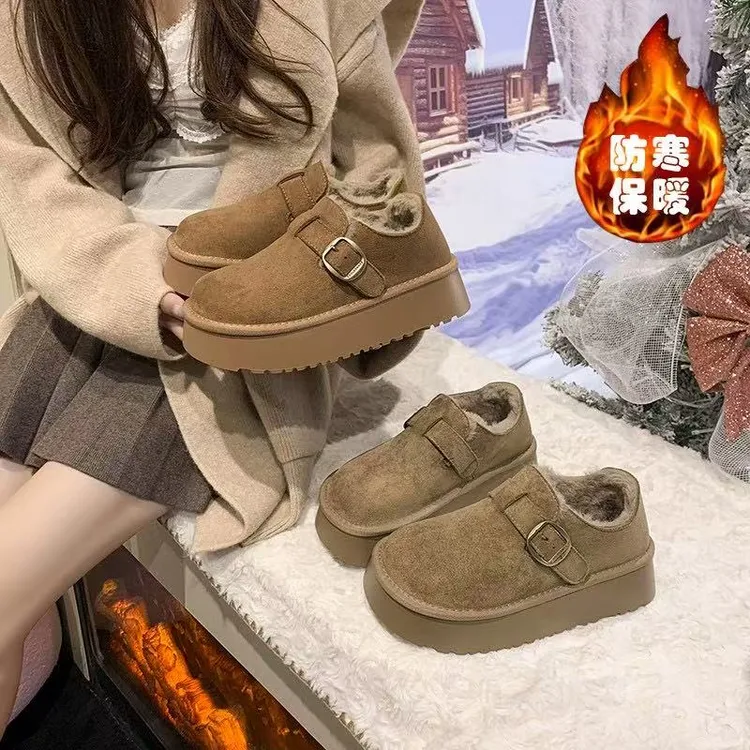 2025新款冬季厚底增高勃肯鞋女鞋毛毛鞋雪地靴乐福鞋加绒保暖棉鞋