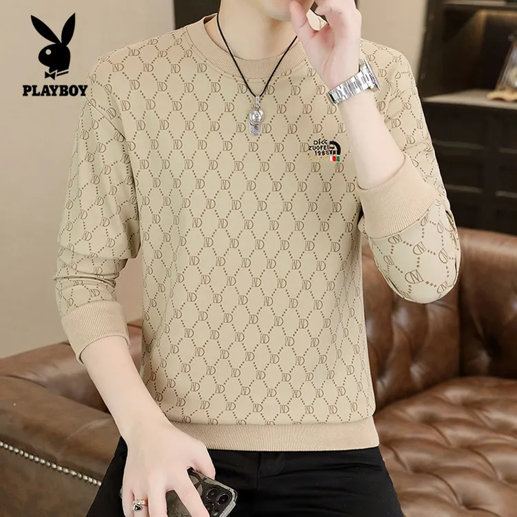 花花公子男士长袖秋冬款潮流百搭修身秋衣上衣外穿时尚打底衫