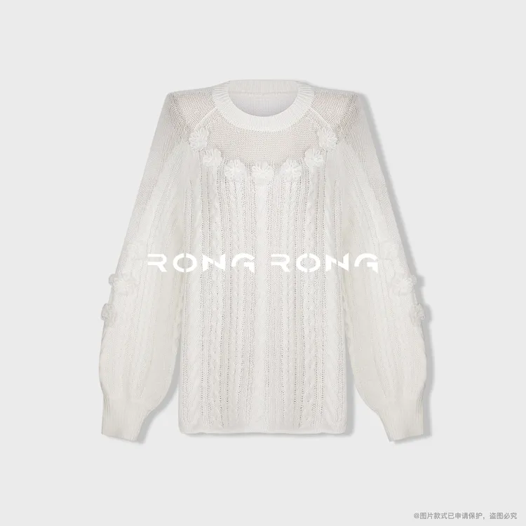 溶溶【慵懒风情】RONGRONG 绵羊毛莱赛尔山羊绒钩花镂空毛衣RR2923