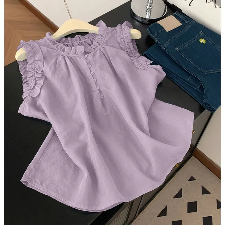 韩系气质荷叶边无袖背心衬衫女夏季独特绝美小衫设计感宽松小上衣