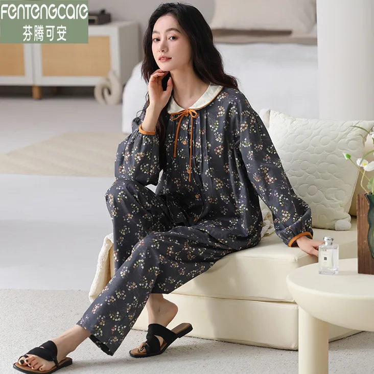 芬腾可安秋冬薄款睡衣女款长袖梭织纯棉中年妈妈碎花春秋季家居服