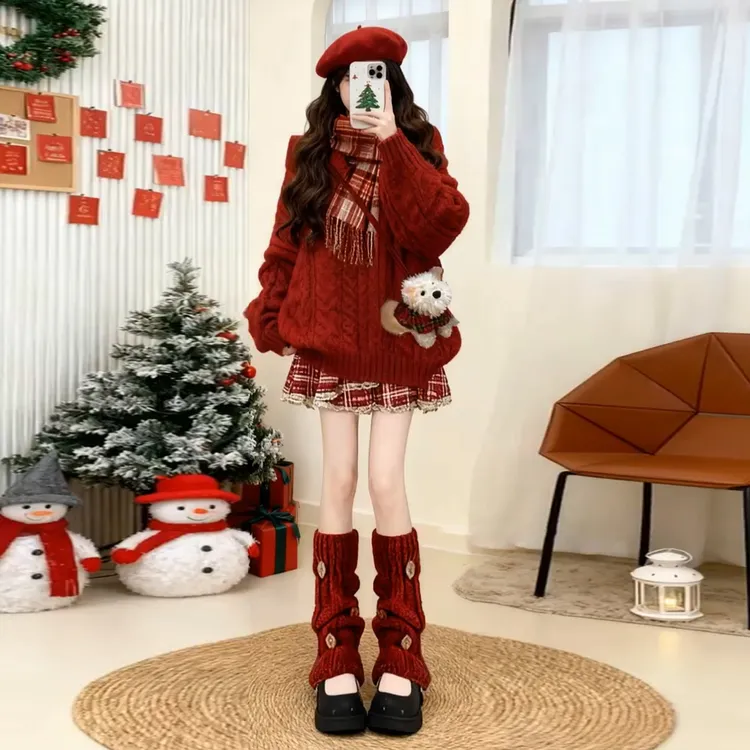 新年氛围感穿搭红色针织格子连衣裙两件套女2026秋冬季巨好看短裙