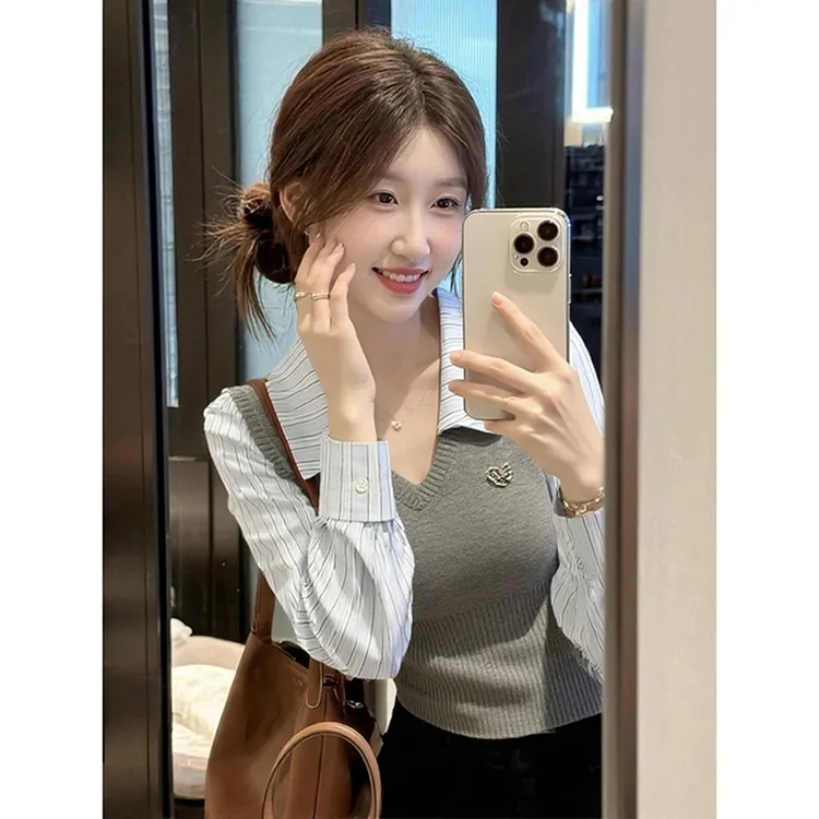 2025秋季软糯奶fufu上衣宽松慵懒风高级感超好看灰色假两件针织衫