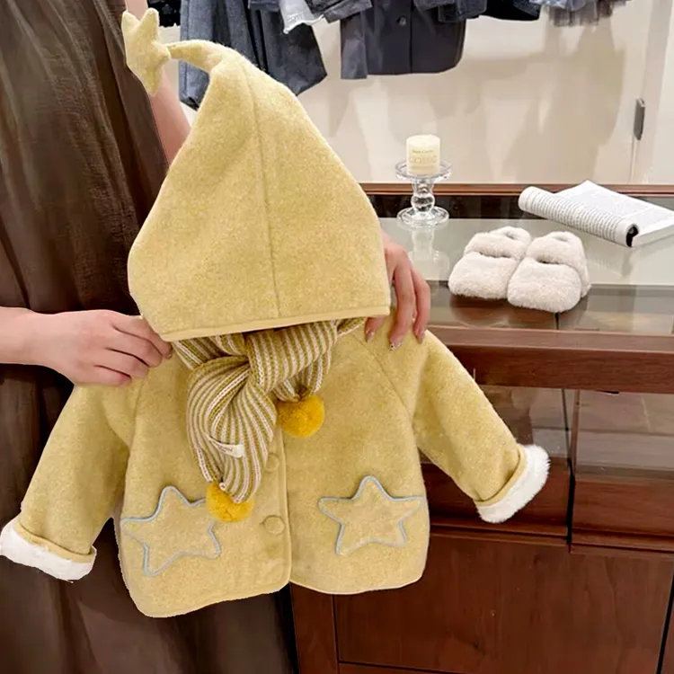 女童加绒外套冬装2025新款儿童衣服宝宝毛呢大衣加厚连帽棉服冬季