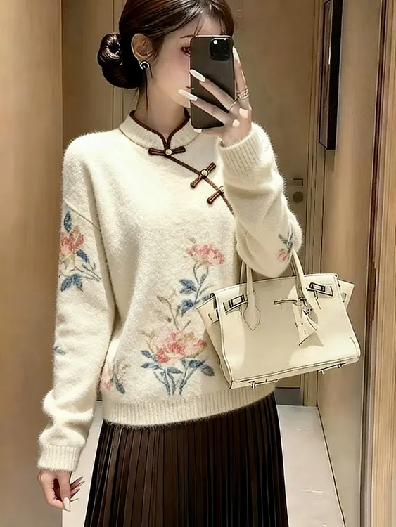 新中式国风毛衣女款2025新款慵懒高级感针织可外穿内搭上衣女秋冬