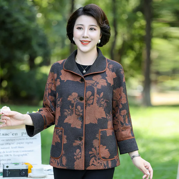 华太太中老年气质妈妈装翻领春秋款大码洋气长袖女装外套C6116B