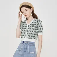 【千颂妮专享】Caroline春季拼色V领短袖修身罗纹针织衫ECRCAA9