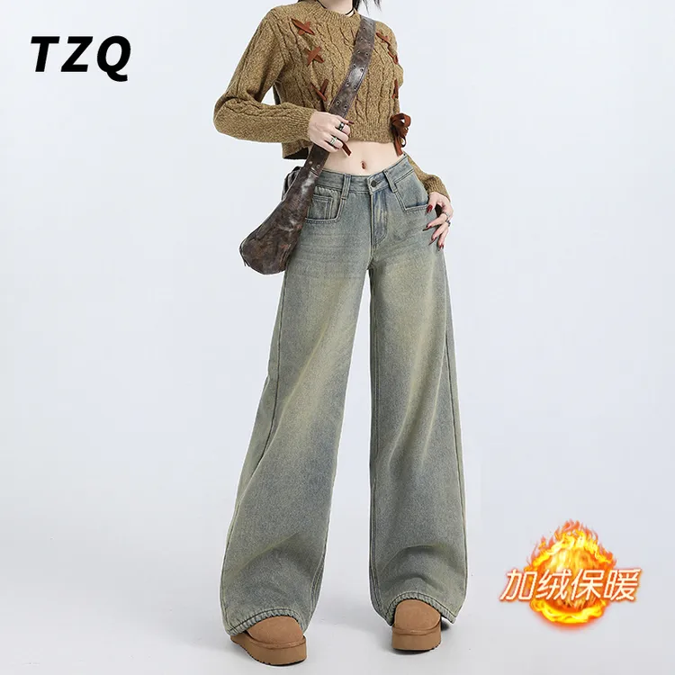 美式复古怀旧阔腿牛仔裤女爆款2025秋季加绒高腰显瘦直筒拖地裤子