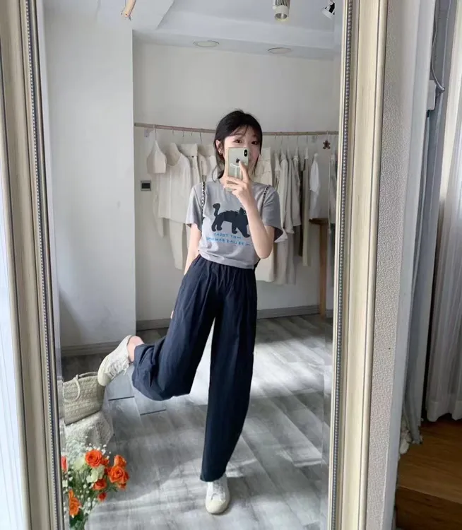 2025春季新款韩版可爱卡通猫咪短袖T恤百搭高腰显瘦休闲裤两件套