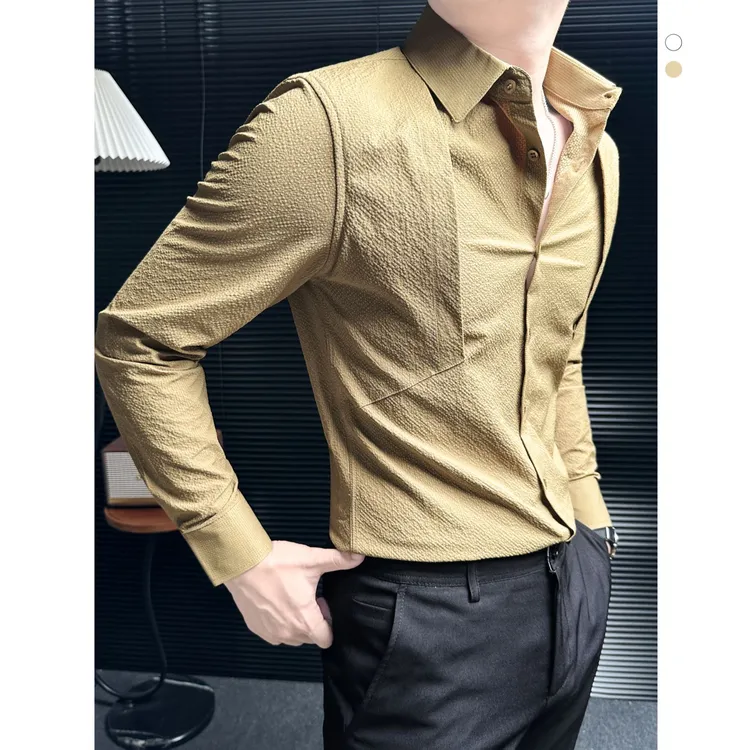 法式优雅衬衣男款长袖秋季新款设计师男装泡泡纱拼接衬衫男士上衣