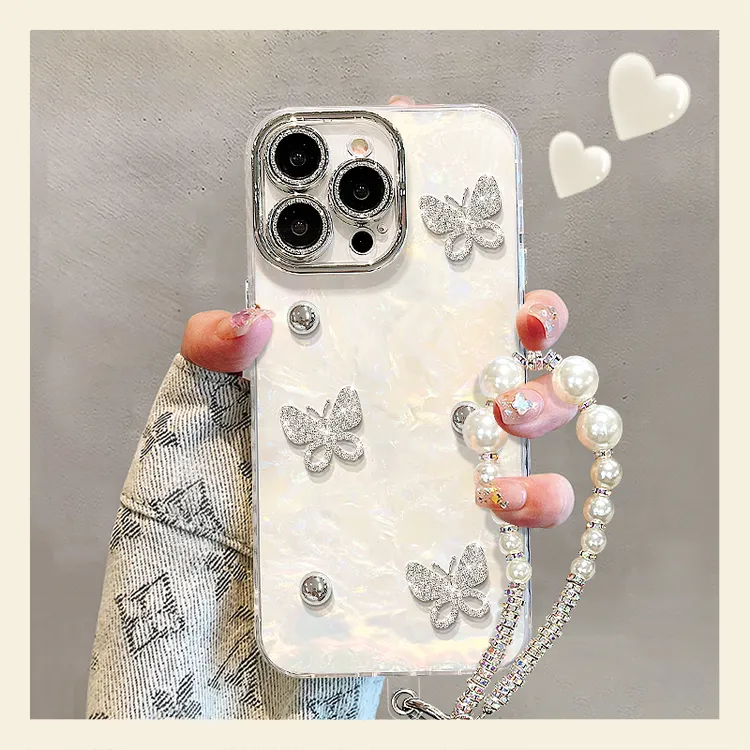 蝴蝶珠子公仔适用苹果15华为vivo/oppo小米iPhone16贝壳纹手机壳