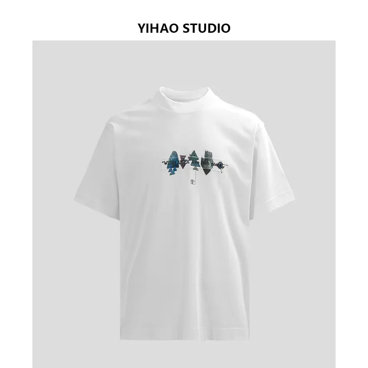 YIHAO STUDIO夏季男款小鱼印花纯棉半袖T恤百搭休闲宽松圆领短袖