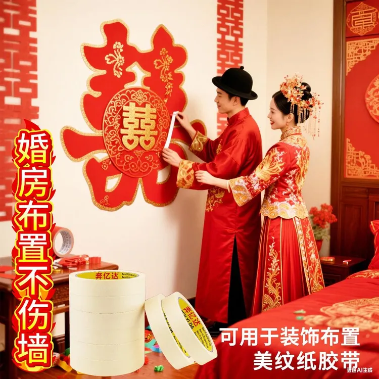 婚房布置美纹纸胶带纳米双面粘胶不伤墙面用于婚房布置春联粘贴