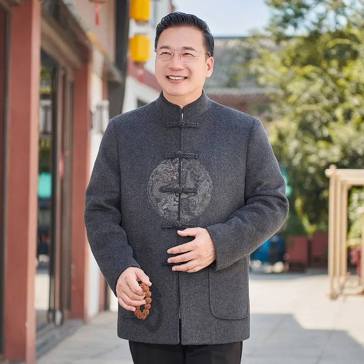 高档羊毛呢大衣中老年唐装男款羽绒可脱卸内胆秋冬新中式爸爸装