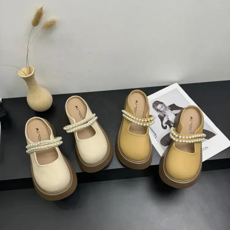 外穿时尚百搭休闲包头半拖鞋厚底增高珍珠款凉拖春夏新款