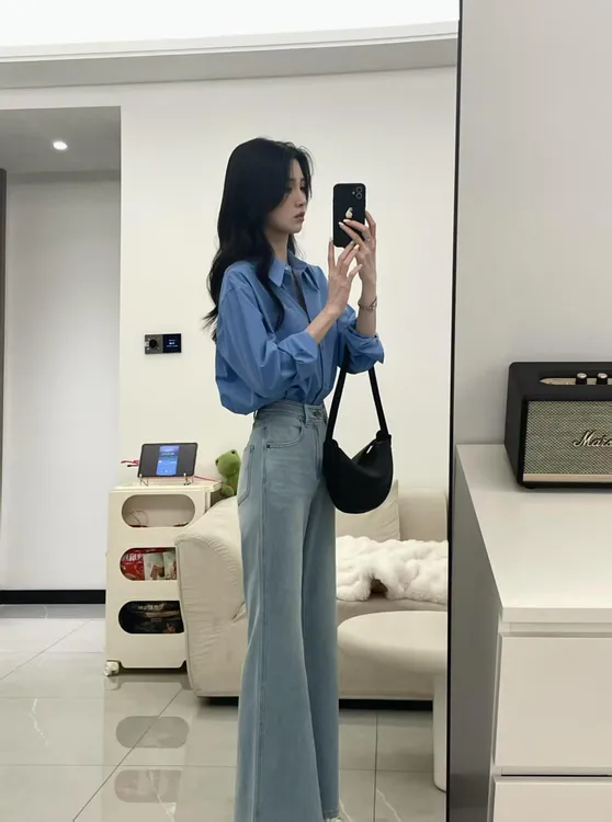 2025春夏新款韩系简约蓝色衬衫通勤穿搭复古高腰牛仔裤两件套装