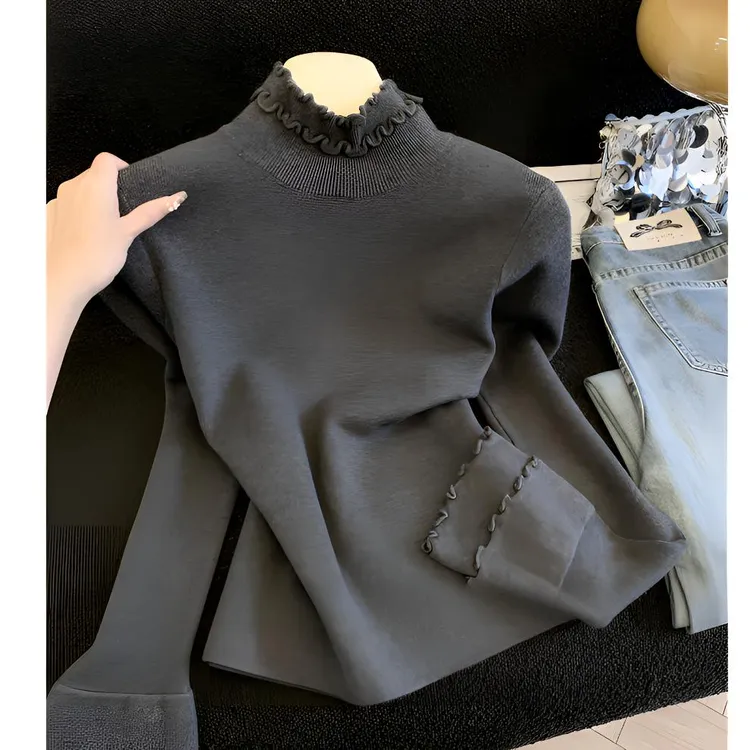 简直太好看了~灰色针织打底衫秋冬季新款花边高领修身长袖T恤女
