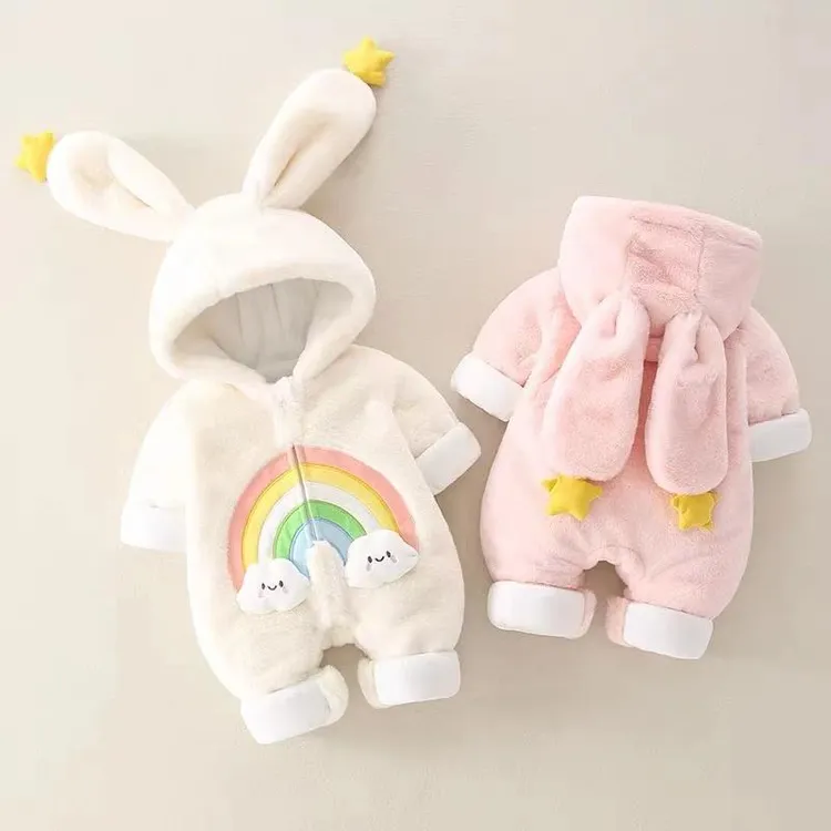 婴儿衣服冬装加厚连体衣3-6月女宝宝加绒带帽毛毛衣9满月外出爬服