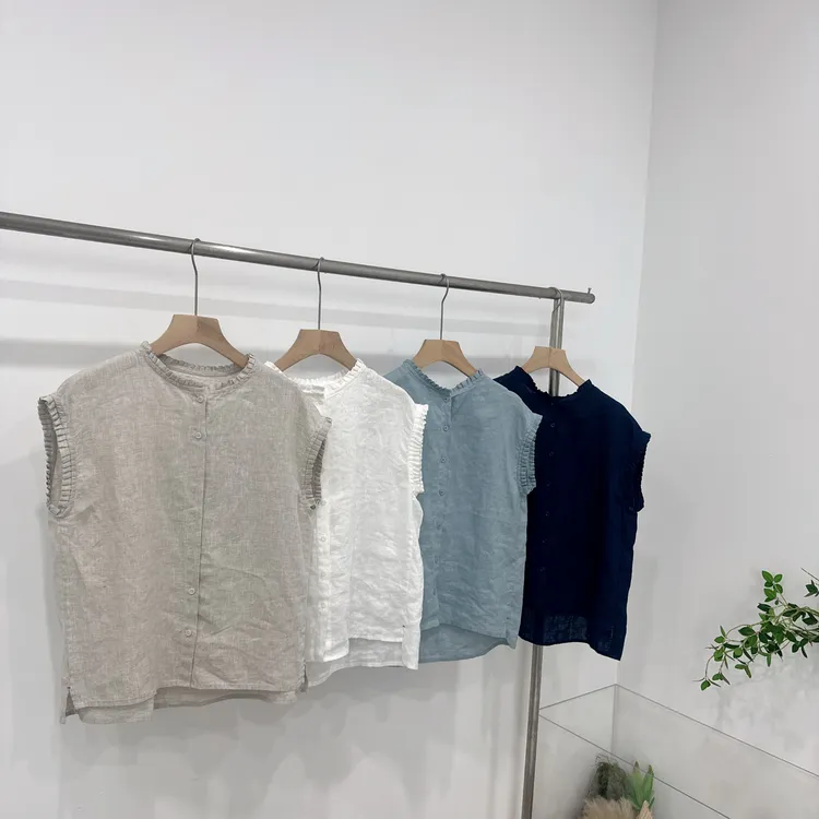 100亚麻休闲风不规则褶皱韩版夏季简约衬衫百搭纯色落肩袖时尚