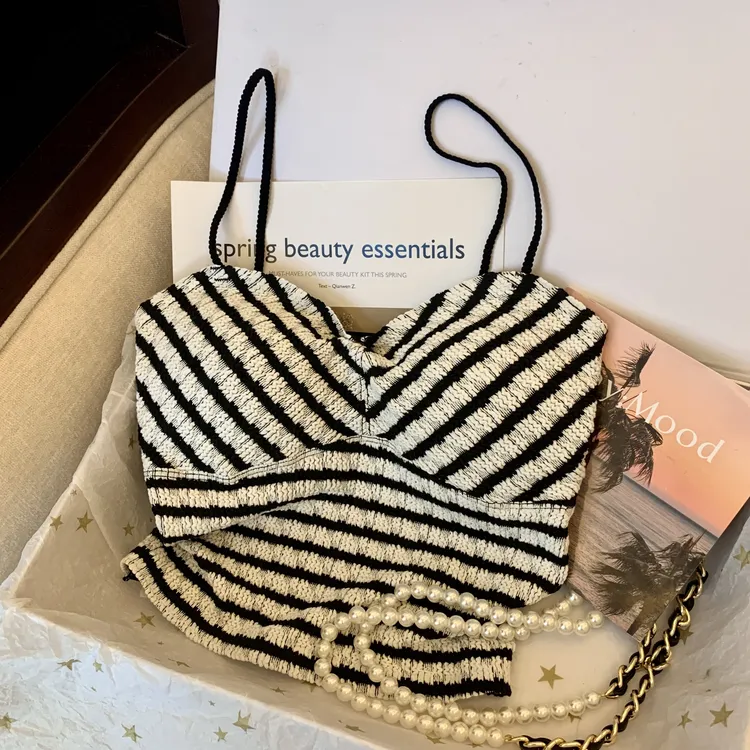 美式辣妹撞色条纹吊带小背心女夏季无袖掐腰上衣美背文胸一体外穿