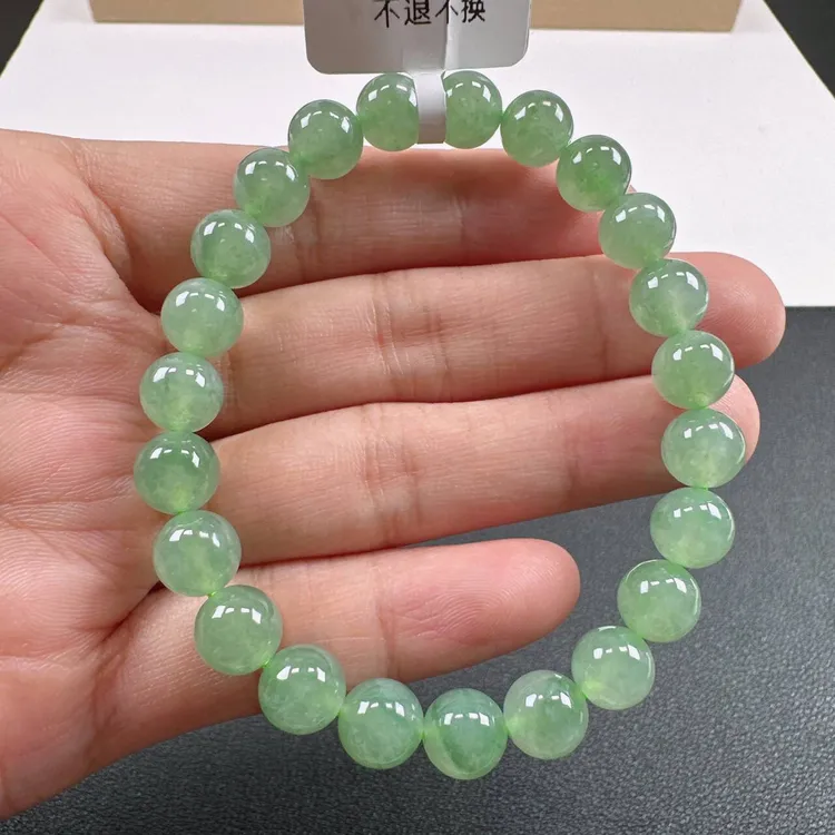 天然A货翡翠卡8.2mm老坑冰种满色晴水绿圆珠单圈女士手串