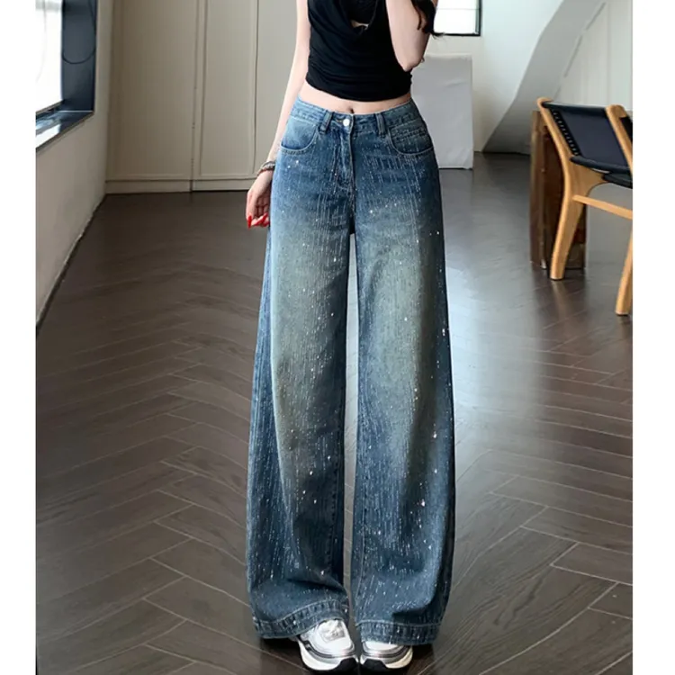 美式流星雨重工烫钻阔腿牛仔裤女2025秋季新款高腰宽松显瘦长裤子