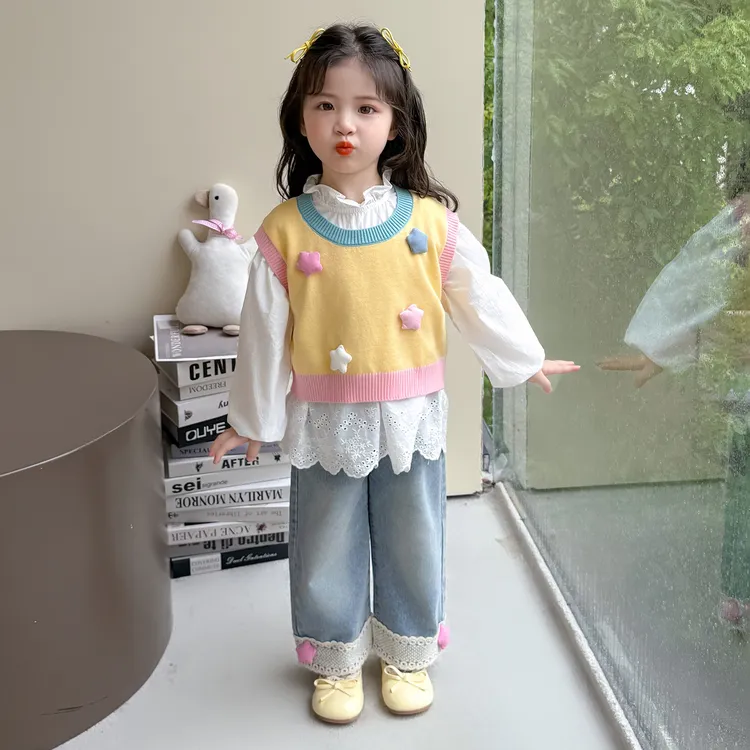 女童秋季套装2025新款女孩娃娃衫儿童毛衣秋装女宝宝牛仔裤三件套