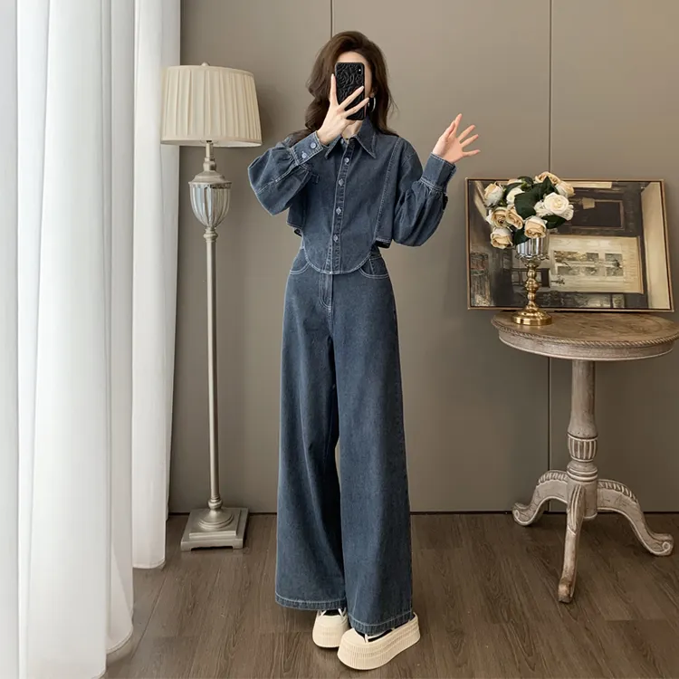 港风复古牛仔套装女2025秋季新款时尚洋气不规则上衣阔腿裤两件套