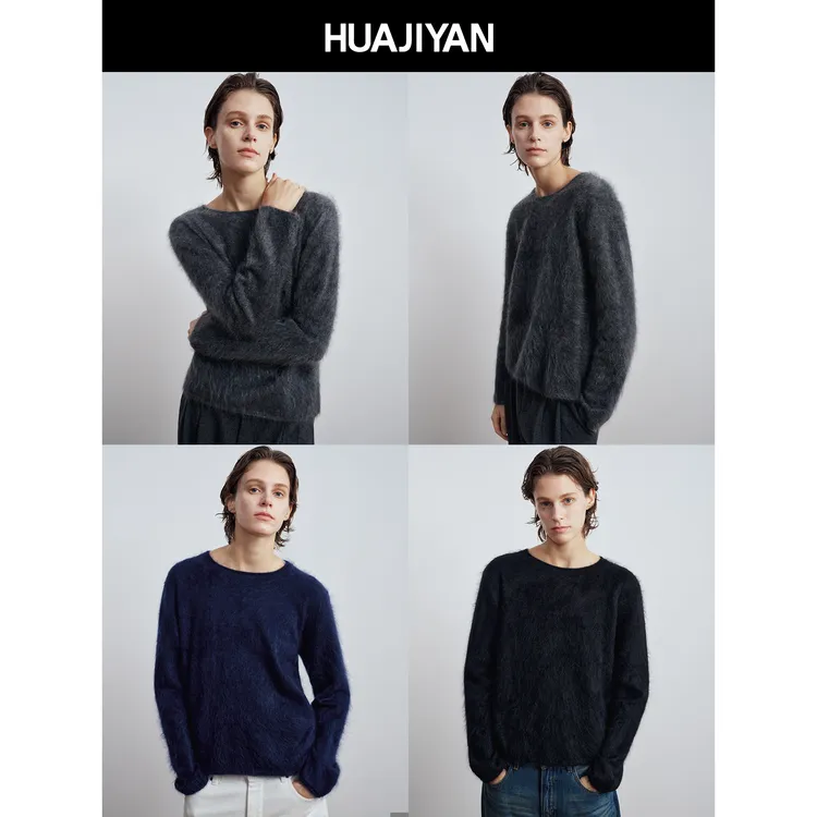 华吉言/HUAJIYAN【羊绒卷】100山羊绒拉绒轻柔卷边领口套头毛衣