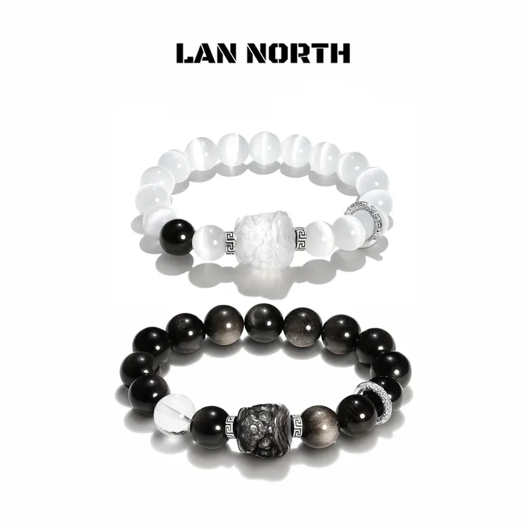 足银手链 醒狮情侣手串男款新中式国潮黑曜猫眼串珠手链送男女友