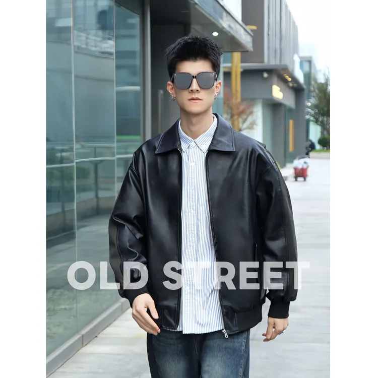 【Old Street】AB面拼接机车皮衣外套拉链翻领皮夹克外套男2025男装