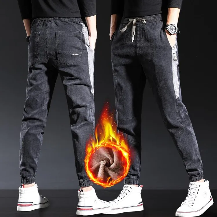 秋冬款冬季工装牛仔裤子男士加绒加厚修身小脚束脚松紧腰休闲外穿