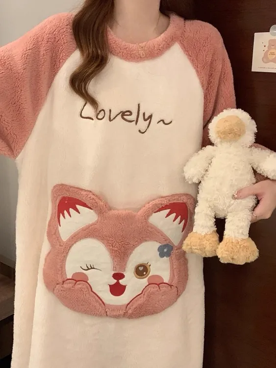 新款可爱睡裙女珊瑚绒秋冬季加厚保暖大码睡衣裙家居服孕妇宽松