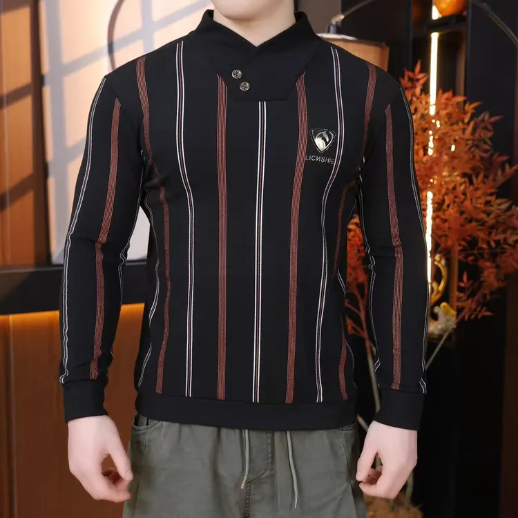 冬季新款男士德绒打底衫时尚潮流条纹卫衣休闲百搭修身保暖长袖