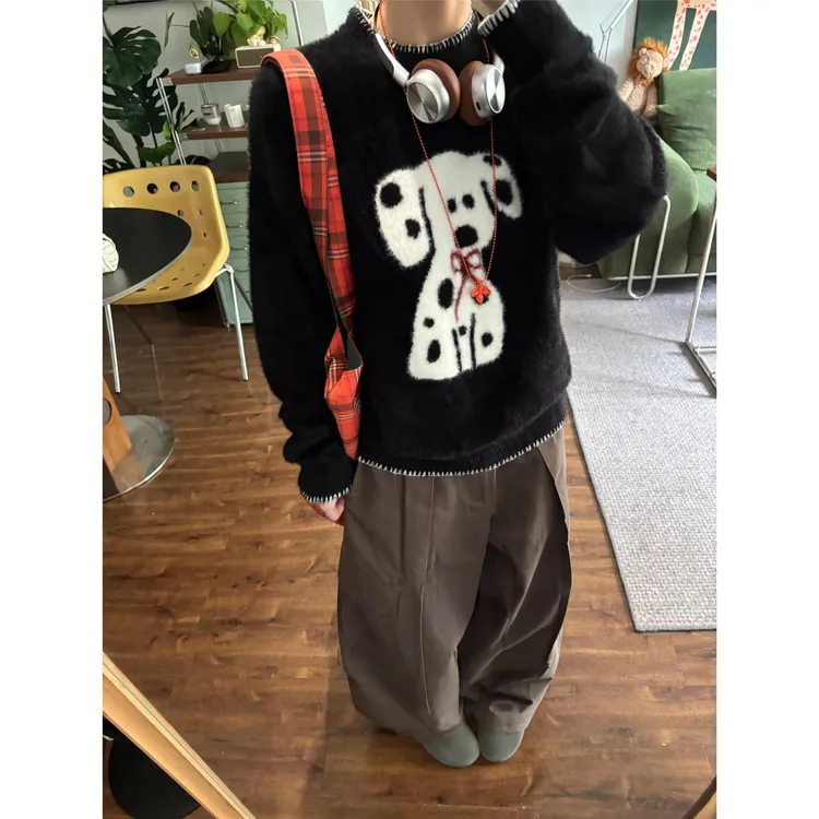 趣味卡通斑点小狗刺绣针织毛衣女氛围感穿搭宽松软糯套头长袖上衣