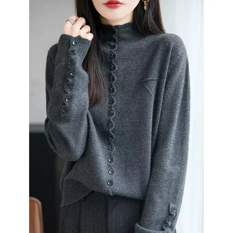 法式慵懒风针织开衫女秋冬新款时尚洋气花边扣保暖高级感显瘦毛衣