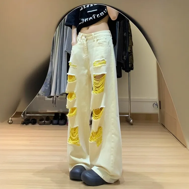 美式辣妹慵懒风破洞牛仔裤女2025夏季宽松炸街休闲流行直筒阔腿裤