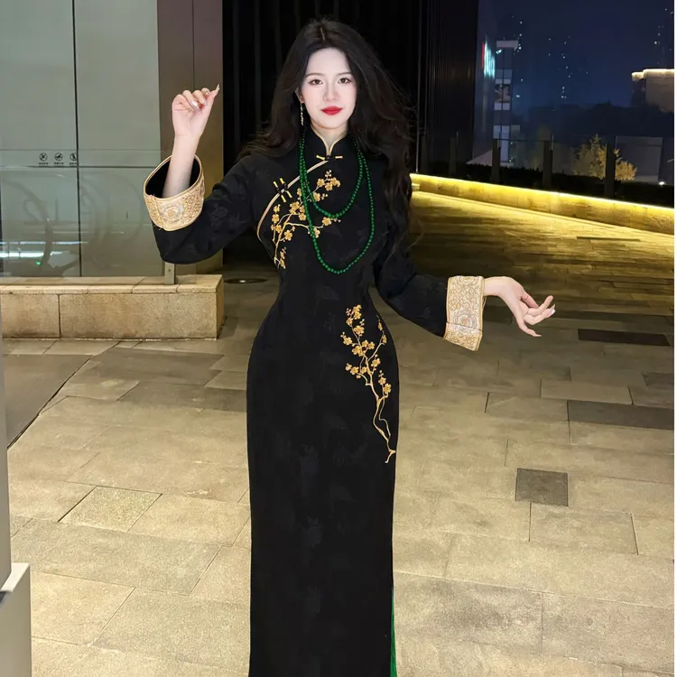 画报夫人高级刺绣新中式显瘦国风旗袍连衣裙 黑色金梅报喜