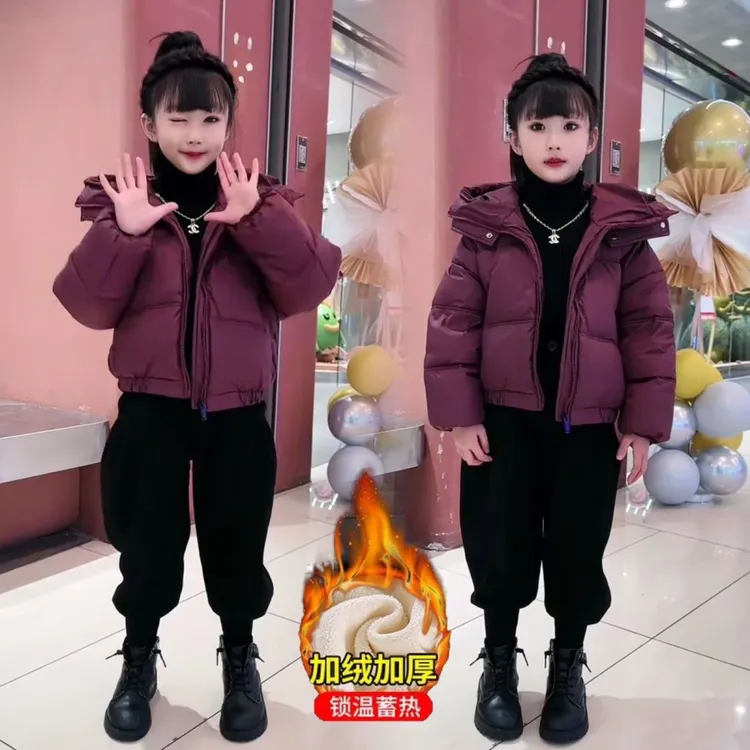 女童冬装短款羽绒棉服套装2024新款洋气儿童时髦女孩加绒牛仔裤潮