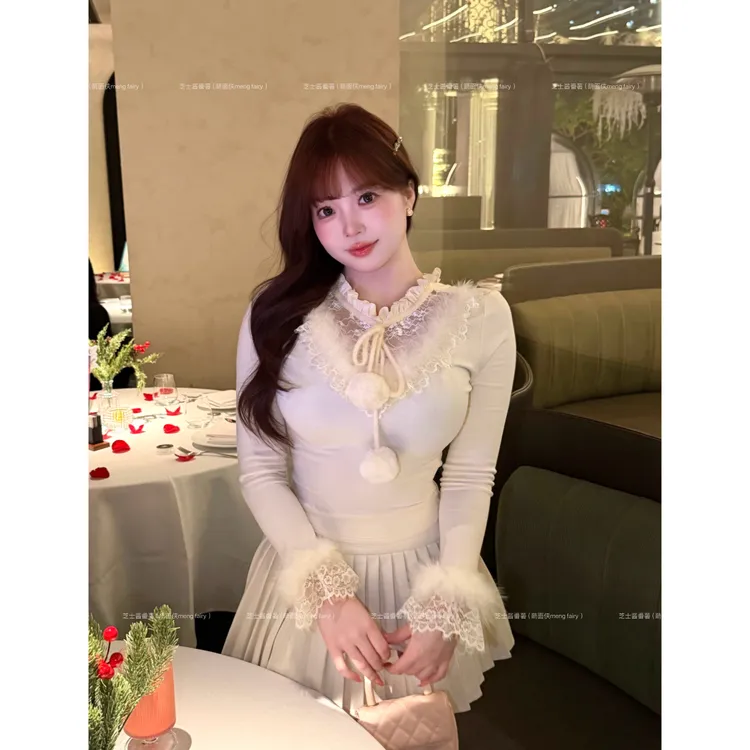 萌面侠芝士【柔柔奶芙】棉质毛球蕾丝针织上衣高腰百褶半裙71326755