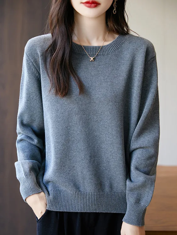 100%纯棉线圆领厚款针织衫宽松大码毛衣打底衫百搭时尚