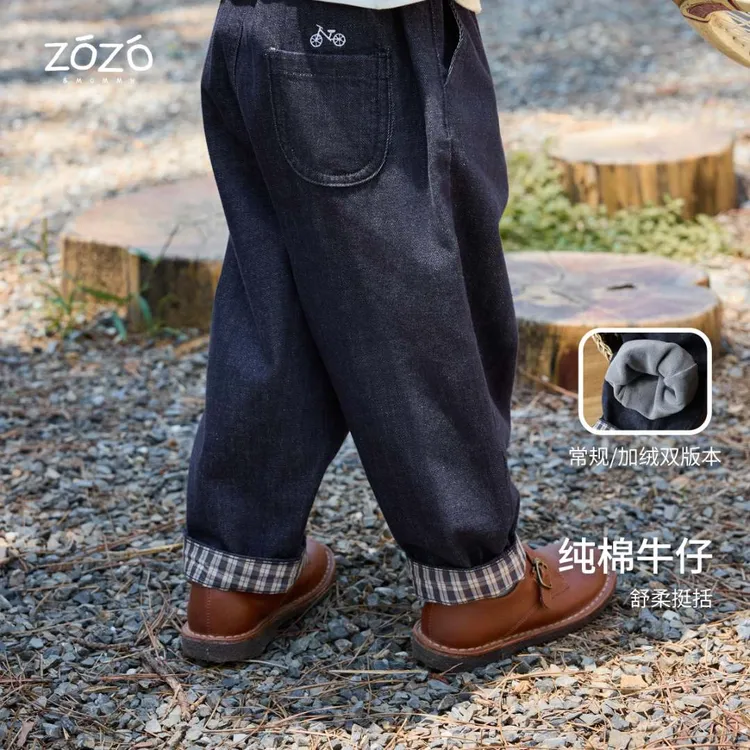 ZOZO&MOMMY左悠【西部漫游】秋冬单层/加绒格子宽松拼接儿童牛仔裤