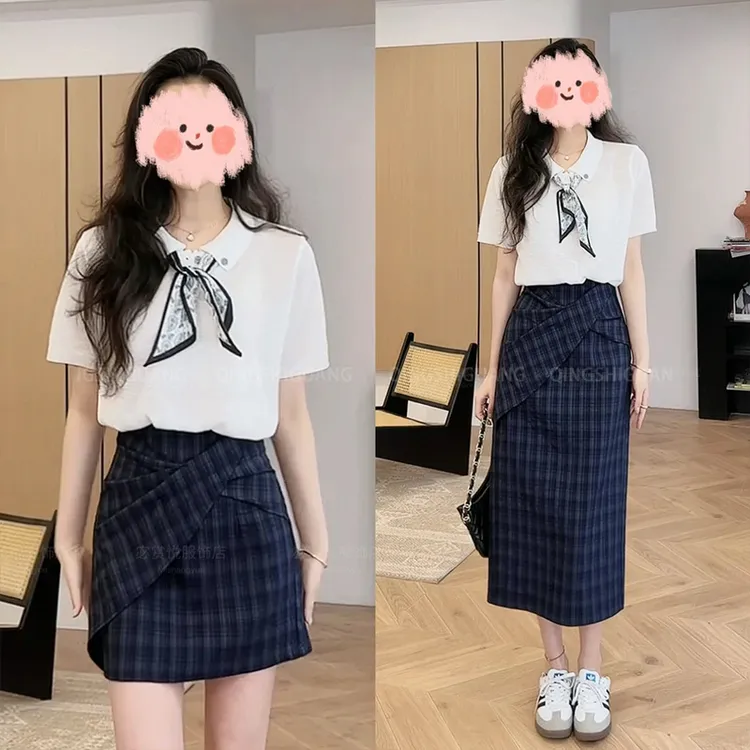 2025夏季洋气减龄翻领针织短袖上衣显瘦百搭格子半身裙气质套装女