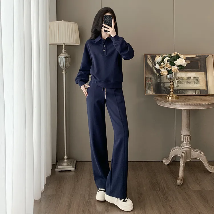 早秋巨好看休闲运动套装女气质显瘦藏青色POLO领卫衣阔腿裤两件套